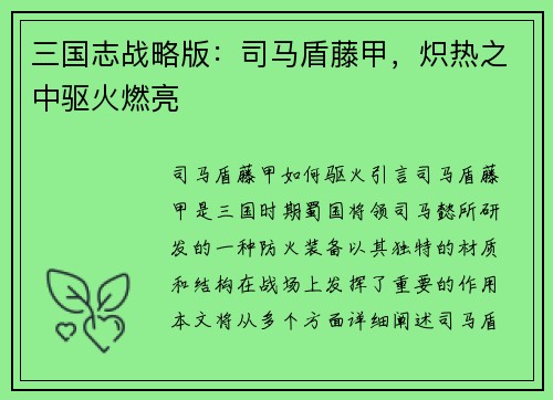 三国志战略版：司马盾藤甲，炽热之中驱火燃亮